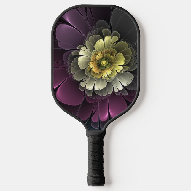 Raquette De Pickleball Fleur fractale grise et pourpre moderne abstraite (Recto)