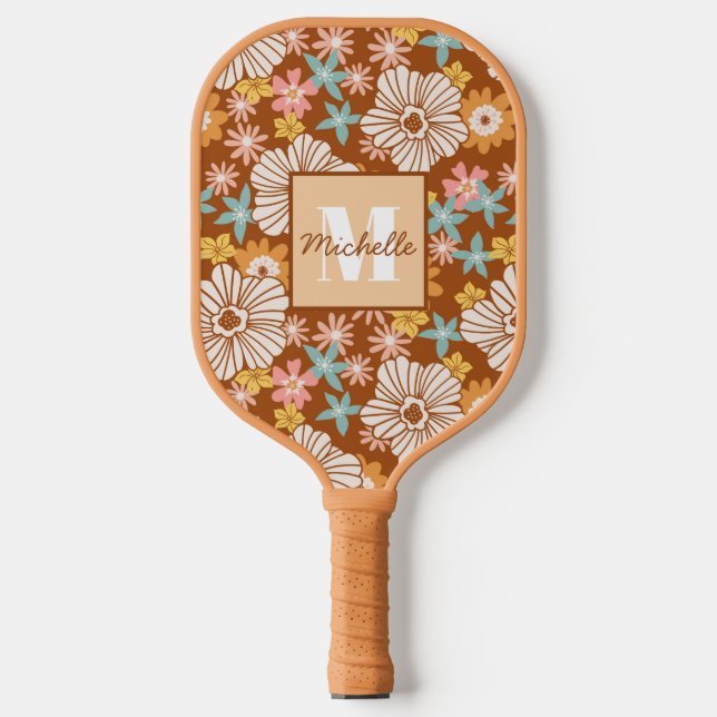 Raquette De Pickleball Fleur rétro été | Monogramme (Recto)