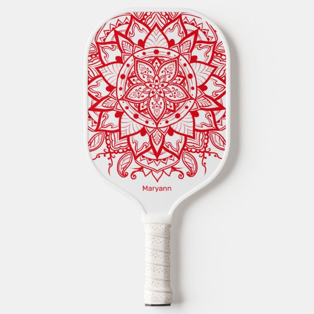 Raquette De Pickleball Fleur rouge Mandala stylée Nom et initiales du sau (Recto)