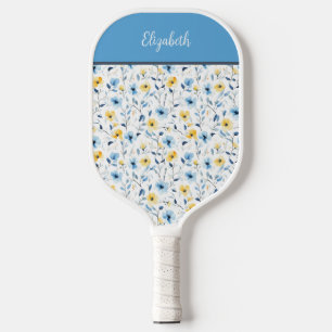 Raquette De Pickleball Fleur sauvage aquarelle bleue et jaune Nom personn