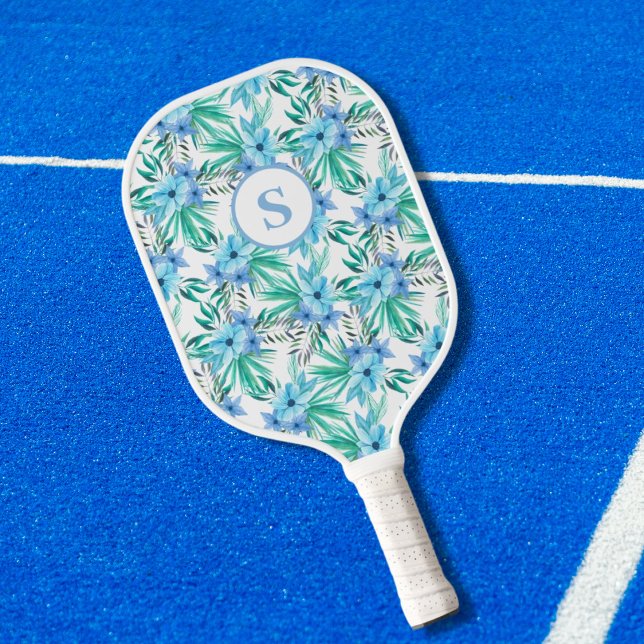 Raquette De Pickleball Fleur tropicale bleue Monogramme (Créateur téléchargé)
