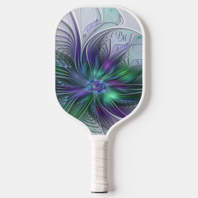 Raquette De Pickleball Fleuron vert violet Moderne Art Abstrait Initiales (Recto)