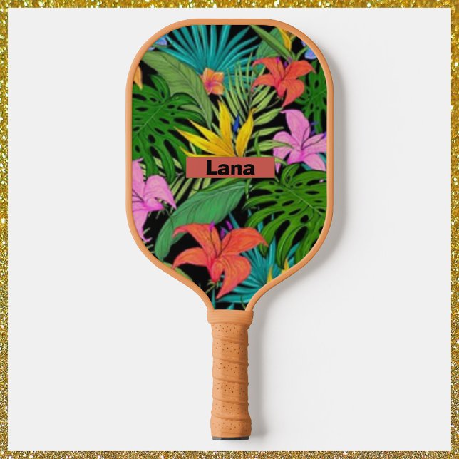 Raquette De Pickleball Fleurs botaniques tropicales violettes et vertes (Créateur téléchargé)