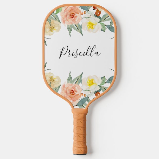 Raquette De Pickleball Fleurs D'Aquarelle Modernes De Pêche Et De Crème (Recto)
