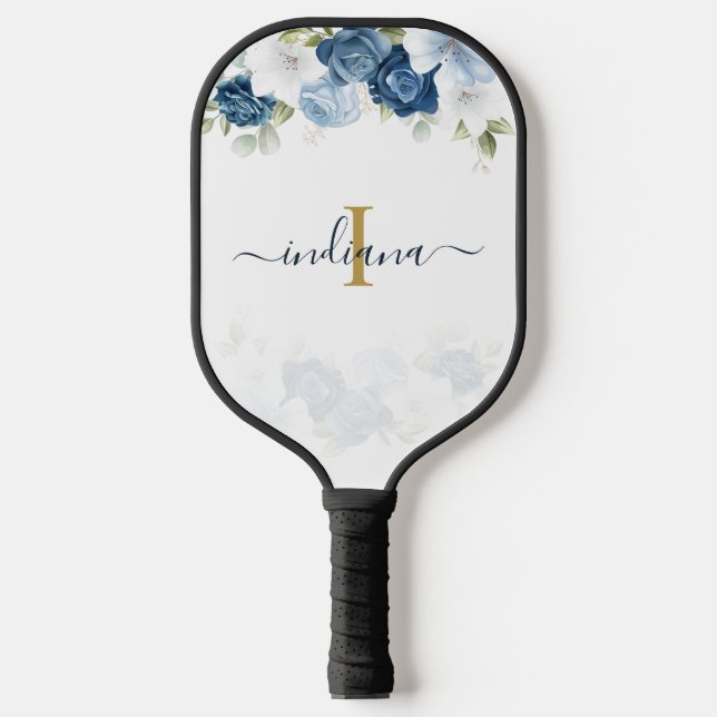 Raquette De Pickleball Fleurs de Bleu Poussiéreux Monogramme Écriture Ver (Recto)
