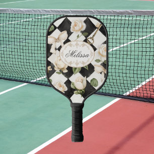 Raquette De Pickleball Fleurs de rose vintage en diamant noir et blanc Mo