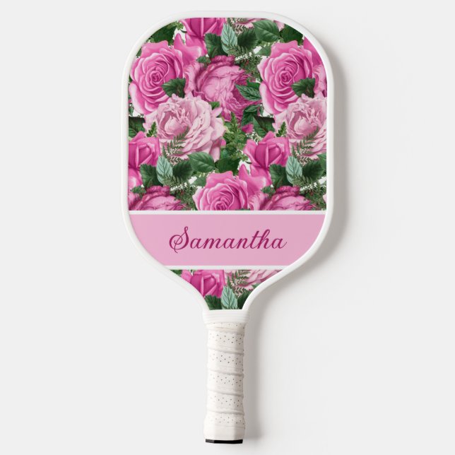 Raquette De Pickleball Fleurs Florales Roses Nom Script (Verso)