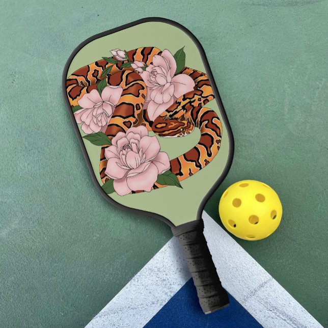 Raquette De Pickleball Fleurs roses du serpent de maïs vert (Créateur téléchargé)