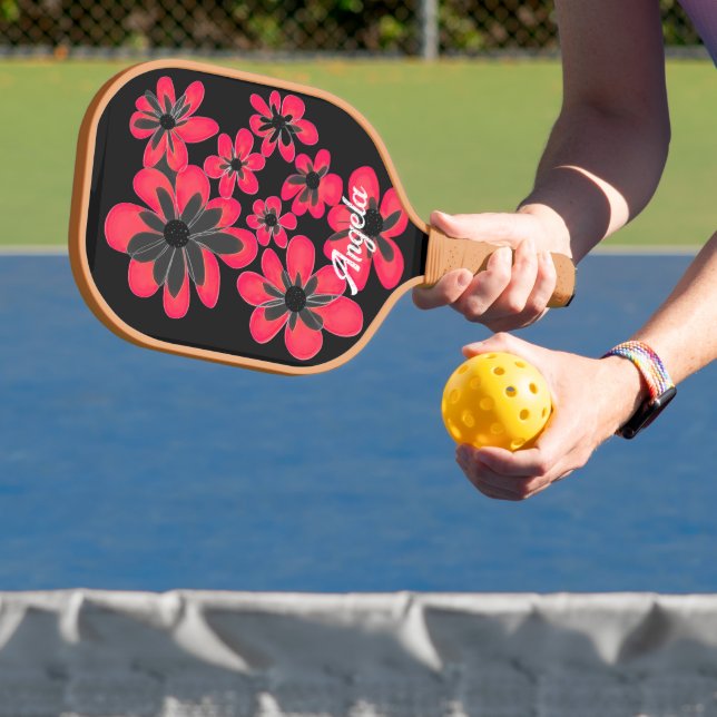 Raquette De Pickleball fleurs rouges audacieuses sur le noir personnalise (Insitu)