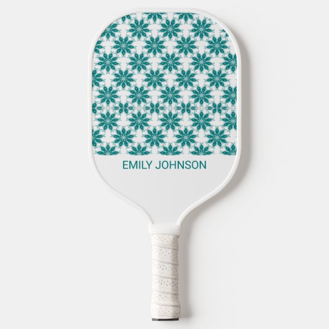 Raquette De Pickleball fleurs turquoises nom personnalisé blanc (Recto)