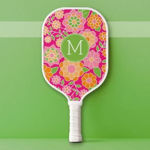 Raquette De Pickleball Fleurs vertes roses chaudes avec Monogramme person