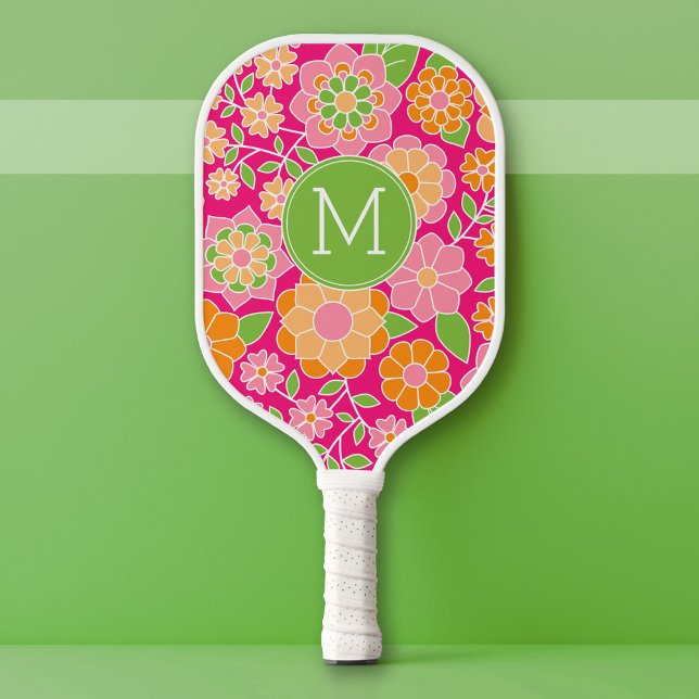 Raquette De Pickleball Fleurs vertes roses chaudes avec Monogramme person (Custom Pickleball Paddle)