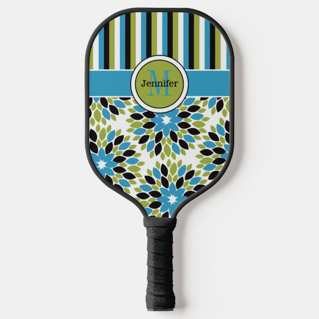 Raquette De Pickleball Floral Abstrait personnalisé, Grilles, Monogramme (Recto)