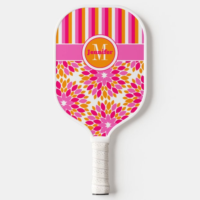 Raquette De Pickleball Floral Abstrait personnalisé, Grilles, Monogramme (Recto)