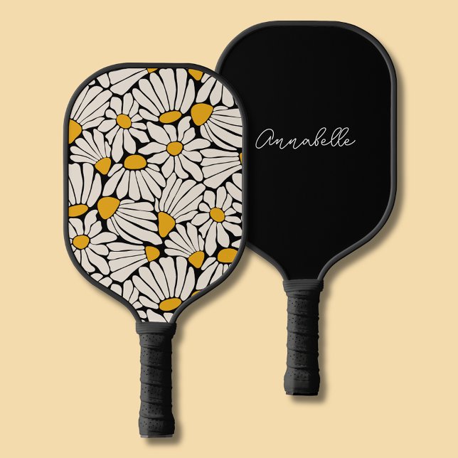 Raquette De Pickleball Floral d'inspiration moderne Matisse (Retro black and yellow boho floral pickleball paddle. Customise with your own name or initials. )