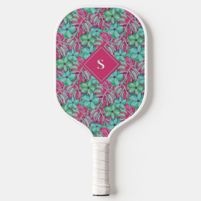 Raquette De Pickleball Flore rose pâle et verte rétro (Recto)