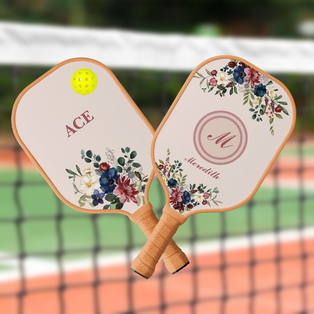 Raquette De Pickleball Flores rustiques Monogramme personnalisé (Créateur téléchargé)