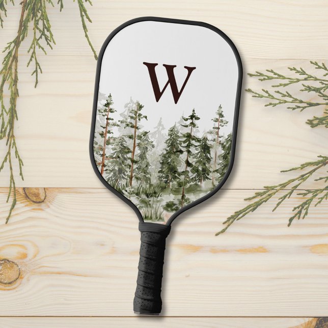 Raquette De Pickleball Forêt Verte Rustique Aquarelle Monogramme (In situ)
