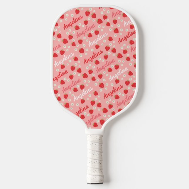 Raquette De Pickleball Fraise rose Nom personnalisé mignonne (Recto)