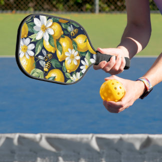 Raquette De Pickleball Fresh Yellow Lemons With Busy Bees & White Blooms