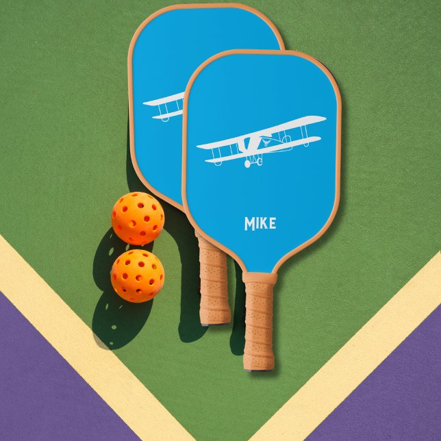 Raquette De Pickleball Fun Airplane Simple Monogrammed Blue Aviation (Créateur téléchargé)