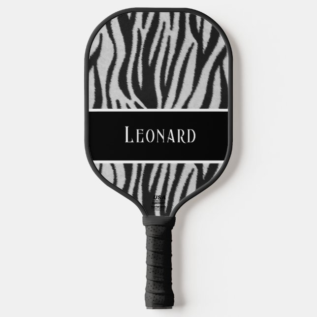 Raquette De Pickleball Fun Black & White Faux Zebra Motif avec nom (Recto)
