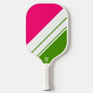 Raquette De Pickleball Fun Bright Pink Bold Green White Racing Stripes