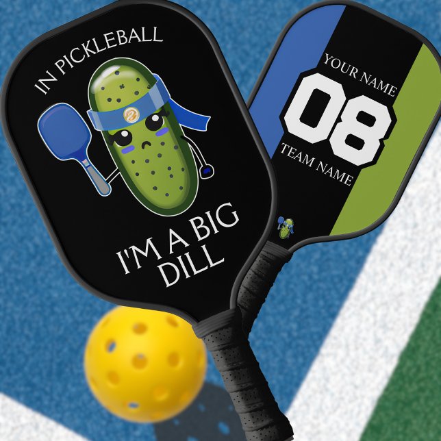 Raquette De Pickleball Funky Big Dill Nom de l'équipe Numéro Bleu Noir &  (Créateur téléchargé)