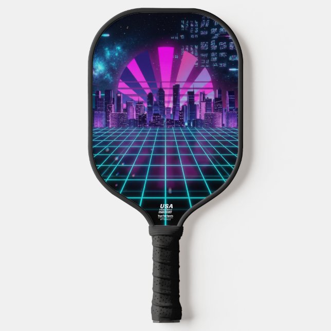 Raquette De Pickleball Futuristic Synthwave Cityscape Neon Purple  (Recto)