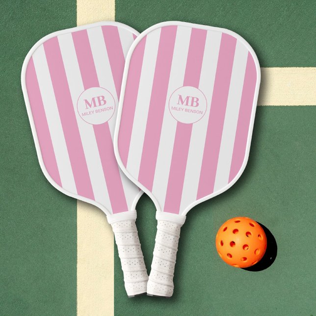 Raquette De Pickleball Girls Pink Stripes Monogramme Nom personnalisé (Créateur téléchargé)