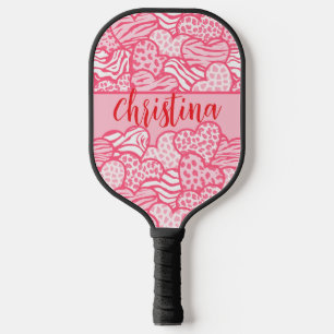 Raquette De Pickleball Girly Blush Rose mignon Animal Imprimer Coeurs Nom