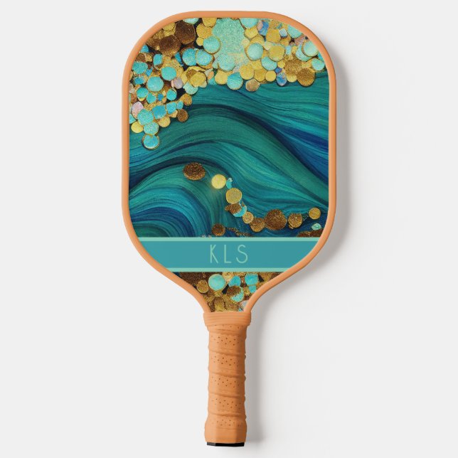 Raquette De Pickleball Glam Ocean Waves Monogramme Turquoise et or (Verso)