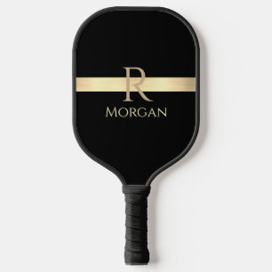 Raquette De Pickleball Gold Name & Monogram, Gold Bar on Black