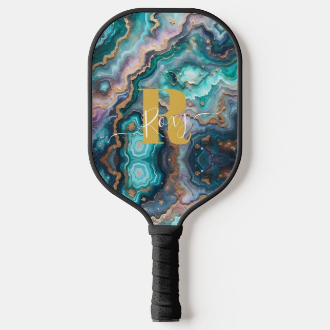 Raquette De Pickleball Golden Turquoise Aqua Agate Personnalisé Monogramm (Recto)