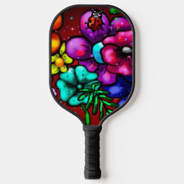 Raquette De Pickleball Graffiti Style Fleurs & Ladybug rose violet rouge (Recto)