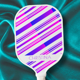 Raquette De Pickleball Grandes rayures rose et bleu Moderne Nom personnal