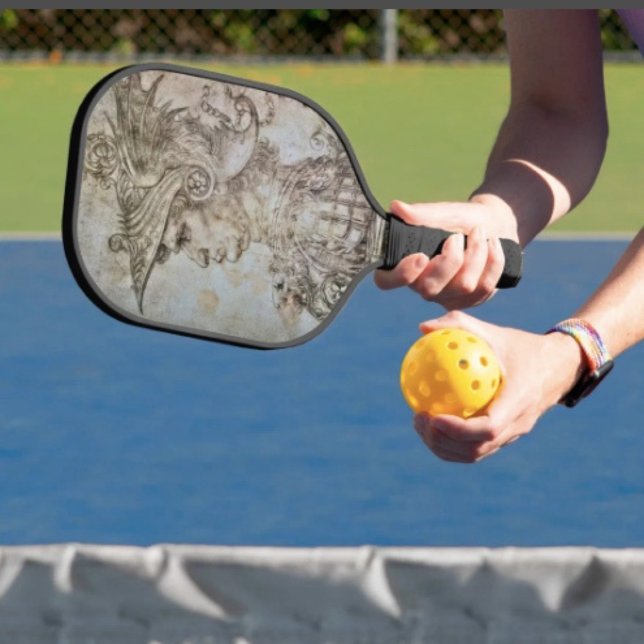 Raquette De Pickleball Guerrier casqué de Léonard (Da Vinci’s Ancient Warrior Sketch pickle ball paddle hand wrapped grip honeycomb core 8 oz weight. )
