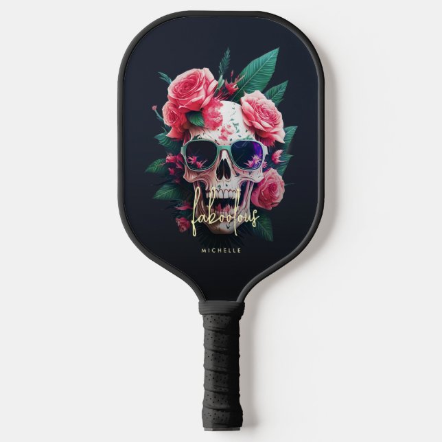 Raquette De Pickleball Halloween foin et monogramme du crâne floral (Recto)