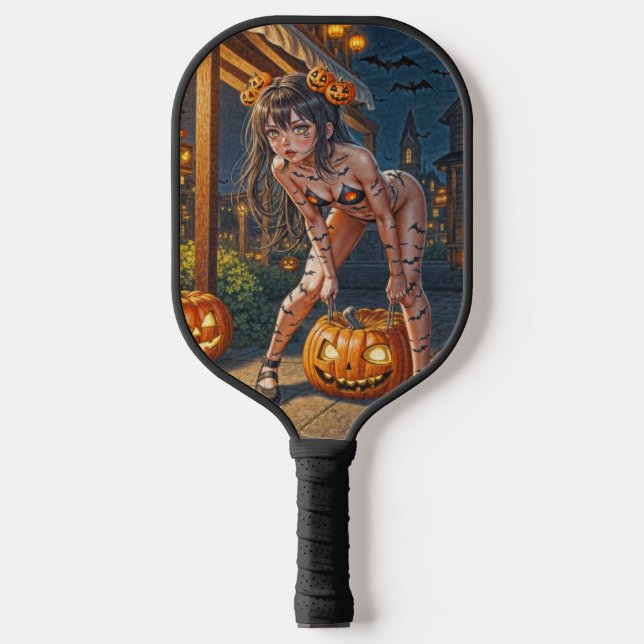 Raquette De Pickleball Halloween Monster Jack-o-Lantern & Bat Vixen Girl (Recto)