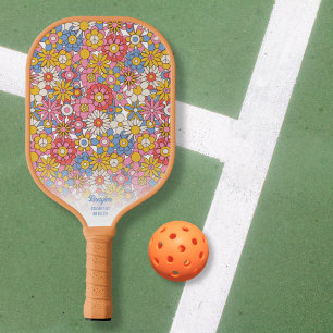Raquette De Pickleball Happy Hippie Flowers Texte personnalisé