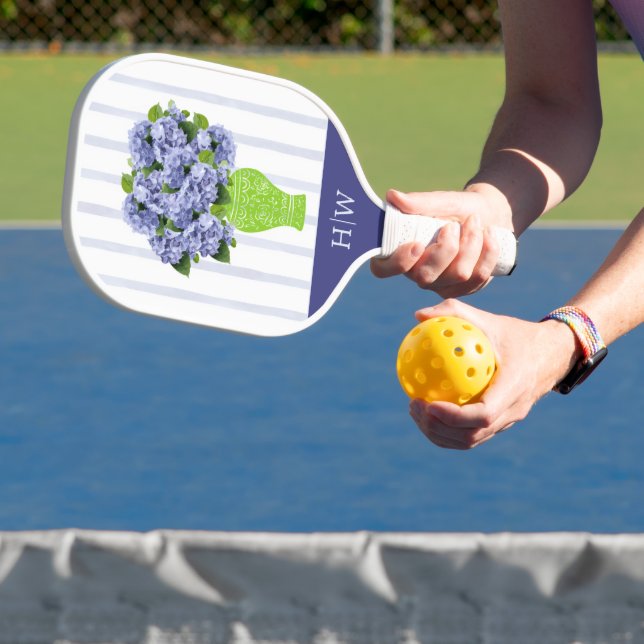 Raquette De Pickleball Hydrangea Bleu Motif Monogramme à Rayures Bleues (Insitu)