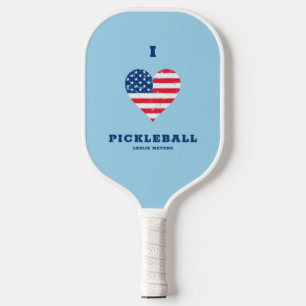 Raquette De Pickleball I Love Pickleball American Flag Heart Name