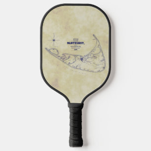 Raquette De Pickleball Île de Nantucket MA TeaStain Carte Vintage Bleu Ma