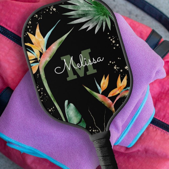 Raquette De Pickleball Ile tropicale Monogramme floral Script Black Gold (Créateur téléchargé)