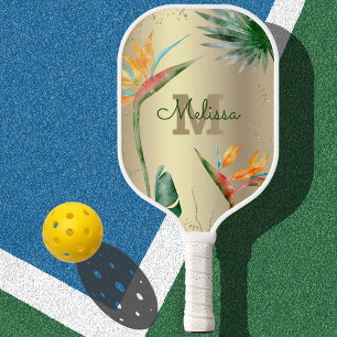 Raquette De Pickleball Ile tropicale Monogramme floral Script Gold Foil