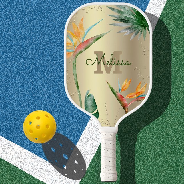 Raquette De Pickleball Ile tropicale Monogramme floral Script Gold Foil (Créateur téléchargé)