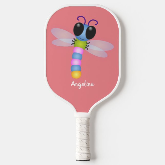 Raquette De Pickleball Illustration d'une libellule bleu et rose (Recto)