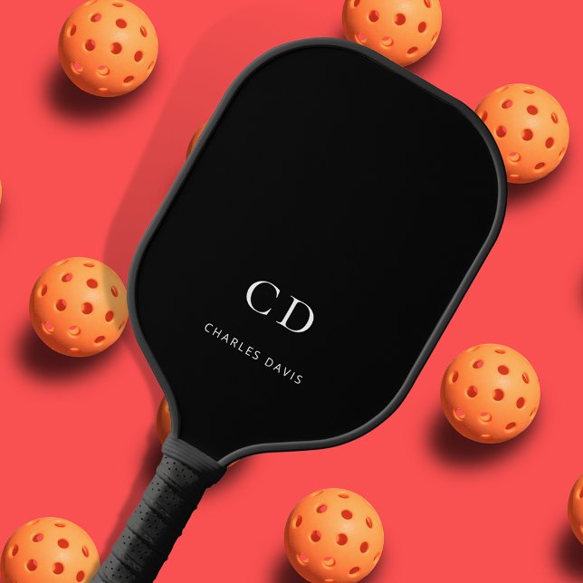 Raquette De Pickleball Initiales de monogramme noir blanc nom (Créateur téléchargé)