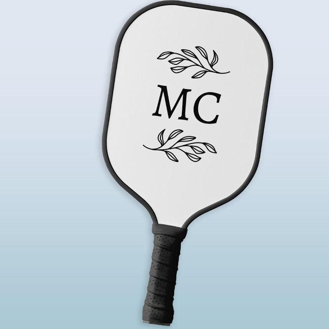 Raquette De Pickleball Initiales de monogramme personnalisées Feuille bot (Personalized modern monogram initials botanical leaf line art pickleball paddle)