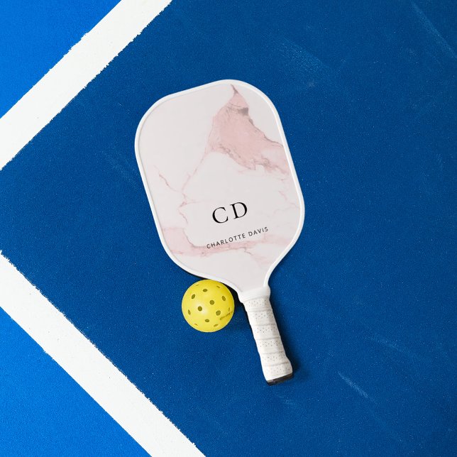 Raquette De Pickleball Initiales de monogramme rose en marbre nom (Créateur téléchargé)